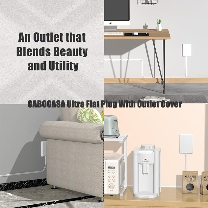 CABOCASA 8FT Ultra Flat Plug Extension Cord Power Strip with 3 Outlets, Patented Detachable Ultra-Thin Outlet Cover Concealer & Ultra-Flat Plug, Max. 13A 125V 1625W ETL Listed, White Color