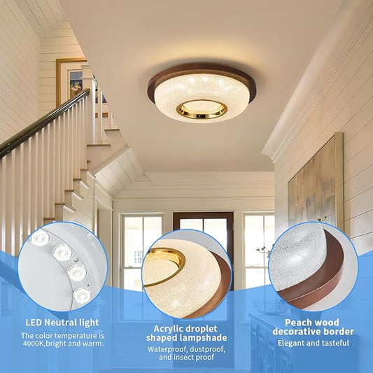 Modern LED Flush Mount Ceiling Light Fixture with Peach Wood Frame Lampshade,Round Ceiling Lights for Bedroom,Hallway and Porch,Farmhouse Ceiling Lamp with 18W 4000K Light Color,12 inch