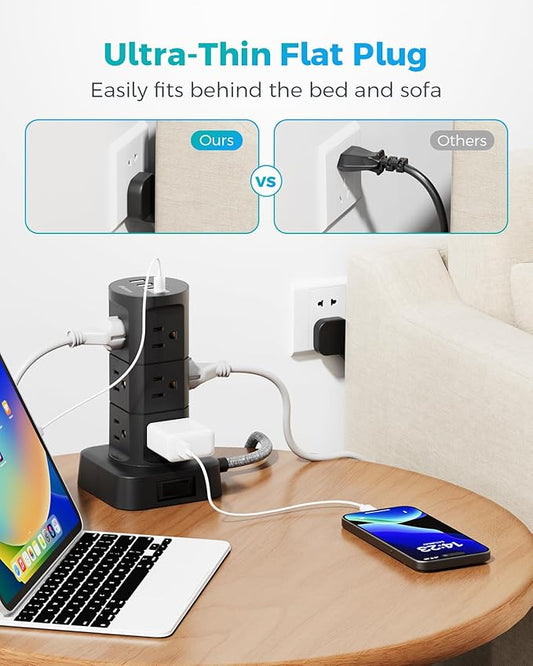 Charging Station Tower, Power Strips with Surge Protection, Flat Plug, 12 Outlets 4 USB Ports, 1875W/15A 1080J 6Ft Extension Cord with Multiple Outlets, Office Desk Supplies, Dorm Essentials, Black