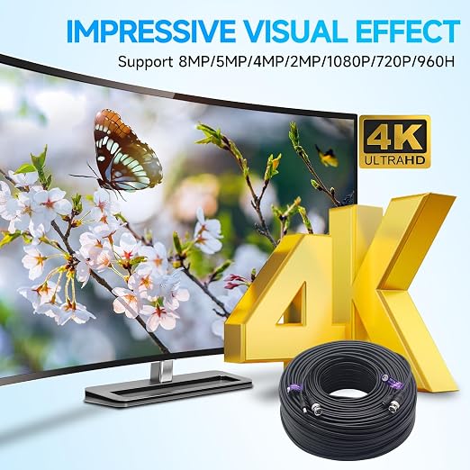 300Ft (91 Meters) 4K 8MP 5MP 2MP 1080P BNC Video and Power Cable, Mini RG59 Wire for CCTV Security Camera Systems, with BNC Connector, RCA Adapter, Cable Clips (Pack of 2)