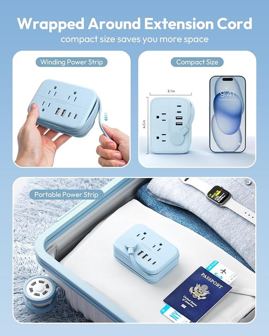 NTONPOWER Travel Power Strip, 6 Outlets 4 USB Ports(2 USB C), 4ft Extension Cord Wrapped Around Small Power Strip, Compact for Travel, Hotel, Cruise Approved, Blue