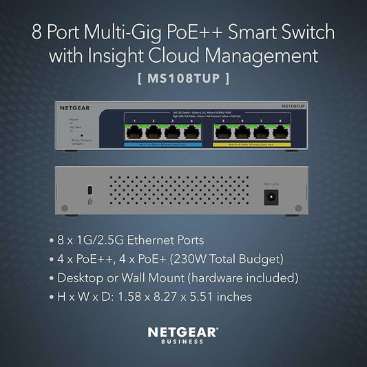 NETGEAR 8-Port Multi-Gigabit PoE Ethernet Smart Managed Switch (MS108TUP) | With 4 x 2.5G Ultra60 PoE++ and 4 x 2.5G PoE+ Ports @ 230W, Optional Insight Cloud Management, Desktop or Wall Mount