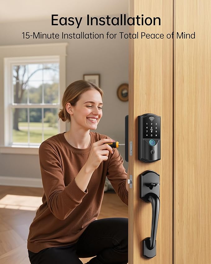 Built-in WiFi Smart Lock with Handle Set - Firstriver Fingerprint Keyless Entry Door Lock for Front Door, App Control, Digital Keypad Deadbolt, Auto Lock, Compatible with Alexa & Google Assistant