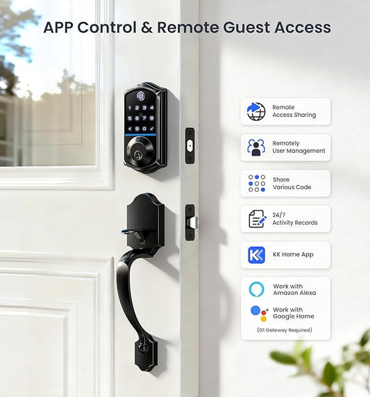 Veise VE017-H Fingerprint Smart Front Door Lock Set, App Control, 8-in-1 Keyless Entry Deadbolt with Zinc Alloy Handles, Emergency Power Port, Touchscreen Keypad, Auto Lock, Easy Install, Matte Black