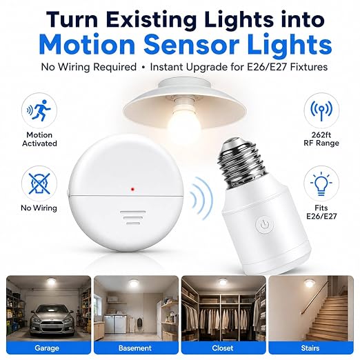 NineLeaf Wireless Motion Sensor Light Bulb Set,260FT,3Sensors 2Bulb Bases | E26/E27, No Wiring, Automatic Motion Activated Light Adapter for Garage, Basement, Closet, Stairway, Hallway,Pull String
