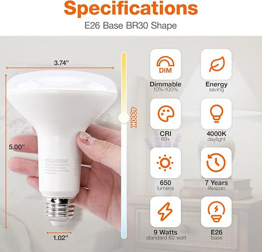 Sylvania ECO LED BR30 Light Bulb, 65W = 9W, Dimmable, Frosted Finish, 650 Lumens, 4000K, Cool White - 4 Pack (41102)