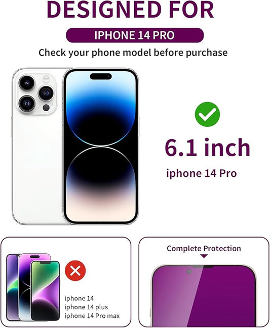2 Pack Privacy Screen Protector for iPhone 14 Pro Tempered Glass 6.1inch Private Saver Purple Anti-Blue Light Anti-Scratch Full Eye Protection Coverage
