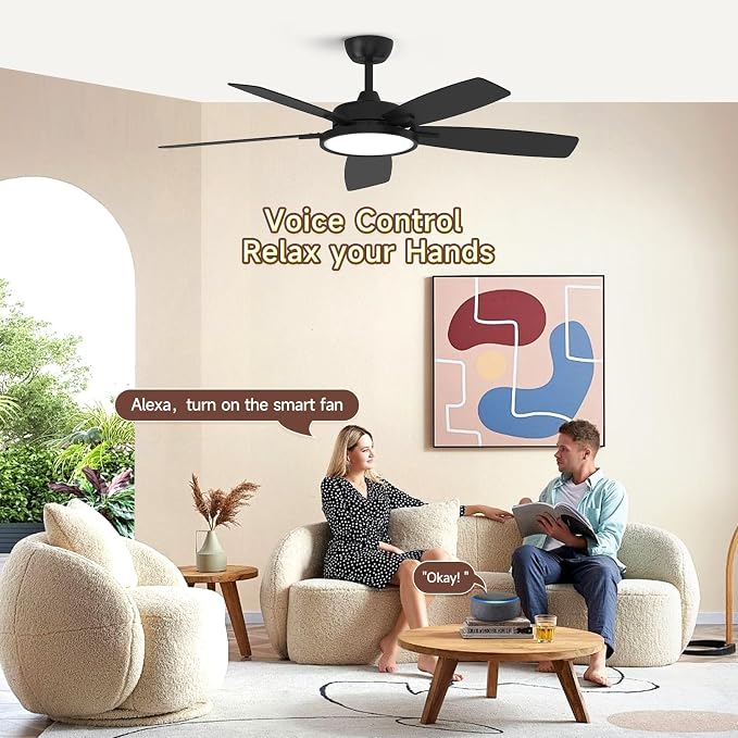 Roomratv 52 Inch Smart Ceiling Fan Compatible with App/Alexa/Google home | Black,Beep-Off Function,Ultra Quiet,Bright and Dimmable Led Light,Energy saving,Reversible,Remote Control,Rustic Farmhouse