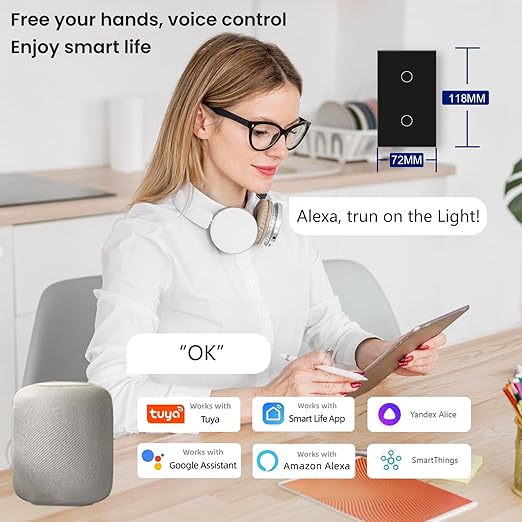 WiFi Smart Light Switch 4.65 X 2.83 X 1.34 Inches,2-Button,2.4GHz Wi-Fi Touch Switch,Neutral Wire Required,Work with Smart Life/Tuya App and Alexa,Black