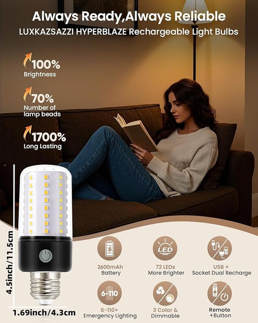 HYPERBLAZE Battery Operated Light Bulb, 72-LED Super Bright Corn Light Bulb with Wide Bright & 3 Colors & Dimmable, Rechargeable Light Bulbs with Remote for Non-Hardwired Sconces and Lamps, 2 Pack
