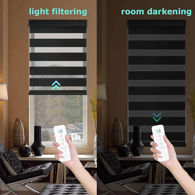 MING CHEN Motorized Blinds with Remote, Built-in Rechargeable Motor Smart Automatic Window Shades, Custom Size Electric Zebra Blinds Compatible with Alexa Google (100% Shading Black)
