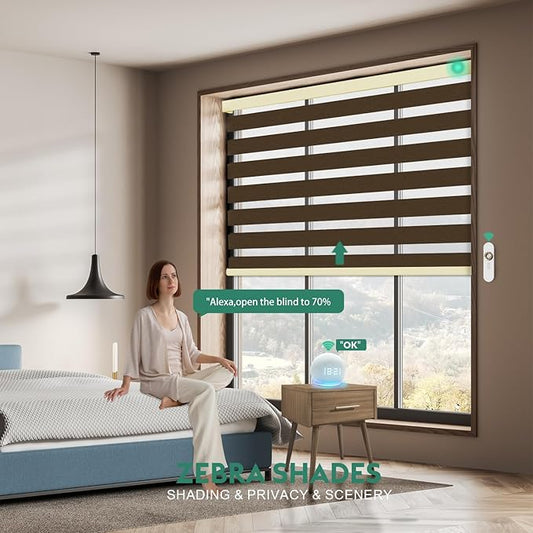 Motorized Zebra Blinds with Remote, Work with HomeKit Alexa Automatic Electric Window Shades 95% Blackout Light Filtering for Smart Home and Office, Customized Size Modern Coffee