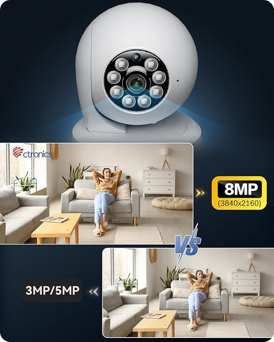 Ctronics 4K 8MP Indoor Security Camera, Auto Tracking, Dual Band WiFi, 65ft IR Night Vision, AI Person/Vehicle/Pet Detection, PC/App 24/7 Recording, 256GB TF/Cloud, FTP/NVR/NAS, Two-Way Audio, 7104K