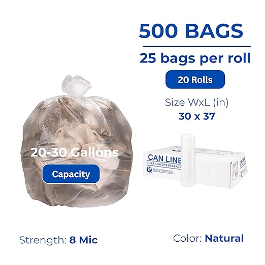 Inteplast 20-30 Gal Trash Can Liners - 8 Mic Thickness, Natural Color - 500 Bags