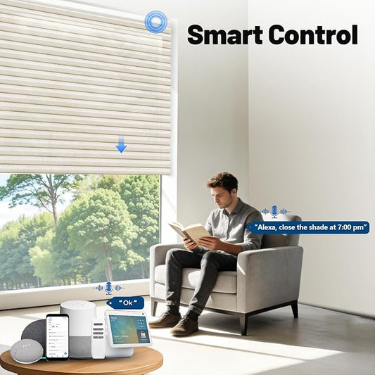Motorized Cellular Shades with Remote, Light Filtering Smart Cellular Shades Compatible with Alexa, Honeycomb Window Blinds for Bedroom Home Office, Custom Size, Half Shading Soft Pearl