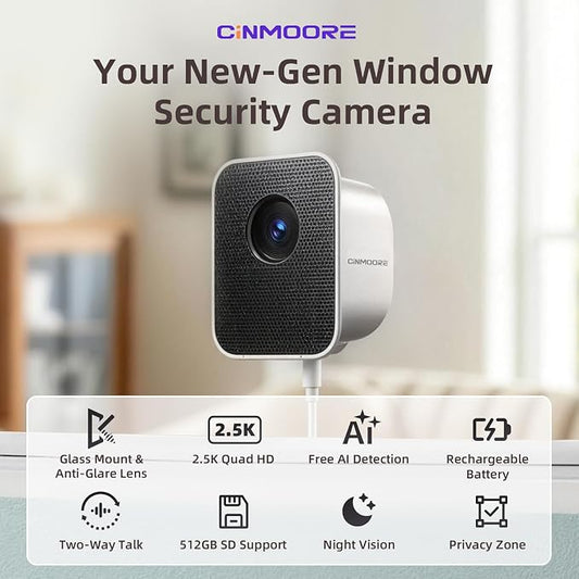 2.5K Window Security Camera for Home, Wireless No Drill Anti-Glare, Free AI Human/Vehicle/Pet Detection, Color Night Vision, 5000mAh Battery & Wired Dual Power, Indoor/Outdoor, 24/7 Recording