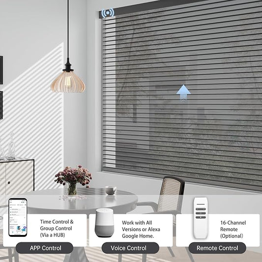 Motorized Sheer Shades with Remote, Automatic Dual-Layered Shades for Windows, Smart Light Filtering Blinds Compatible with Alexa, Custom Size (Room Darkening Black)