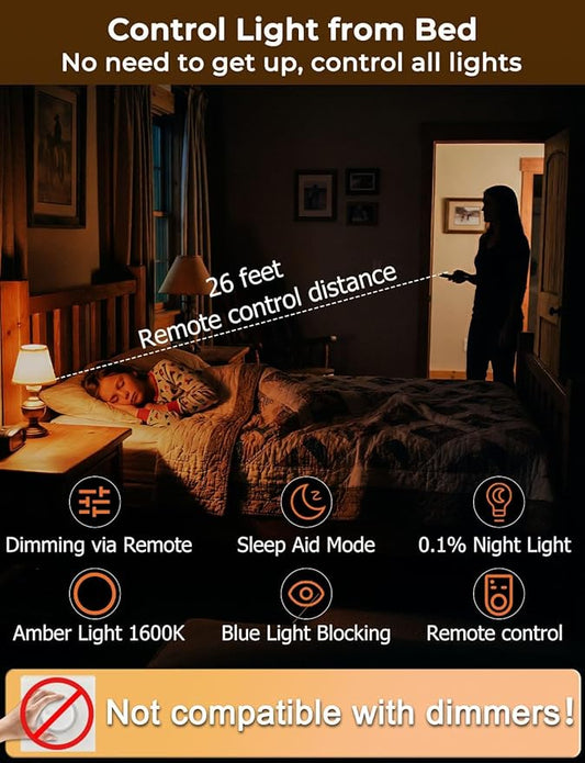 LED Sleep Amber Light Bulbs with Remote Control, 1600K E26 Circadian Light Bulb A15, 5W(40W Equivalent) for Sleep Therapy, Baby Nursery, Bedroom (4 Packs)