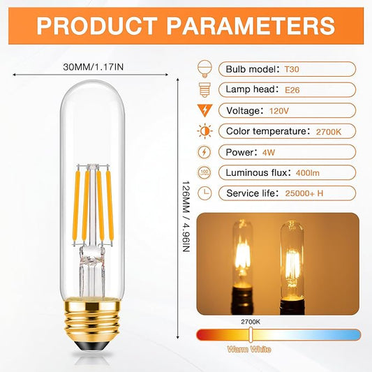 ToBeGreat T30 Light Bulbs 4 Watt Equivalent 40W Bulb E26 Tubular Bulbs T10 LED Bulb Warm White 2700K,Desk Lamp,Bedbroom Bathroom Dimmable,Chandelier,2 Pack