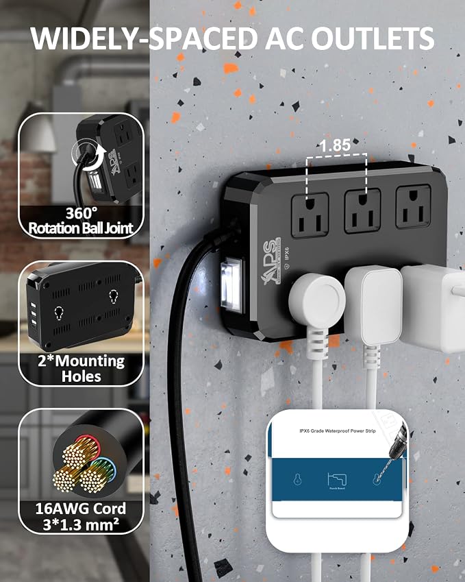 Qiyuan Outdoor Power Strip Weatherproof, 6 Outlet 3 USB 10FT Extension Cord