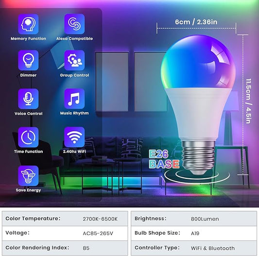 RGB Smart Light Bulb - WiFi & Bluetooth Color Changing A19 9W (60W Equivalent) 500LM - Music Sync Compatible with Alexa & Google Home for Party