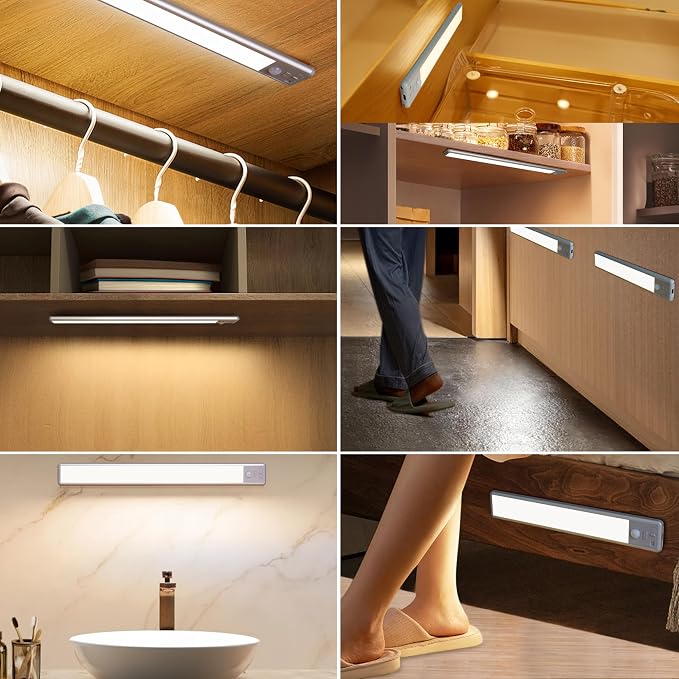 BLS 14.8inch Under Cabinet Lighting, LED Closet Lights, Motion Sensor Light Indoor, Battery Operated USB C Rechargeable, Dimmable Magnetic Night Light for Kitchen, 4 Sensor Mode, Cool White (2 Pack)