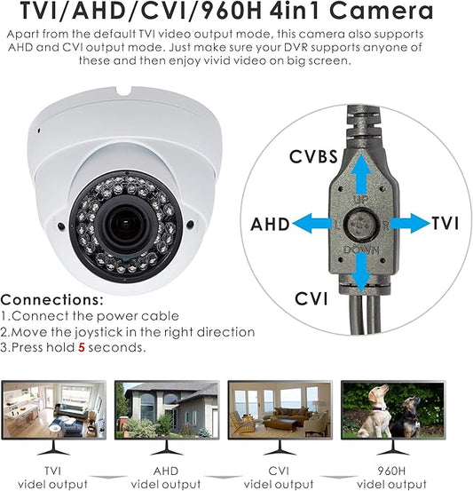 5MP 4MP Dome Super Hybrid Security Camera 4in1 TVI/CVI/AHD/960H CCTV Surveillance Security Camera 2.8-12mm Varifocal Lens Waterproof Day&Night Vision Outdoor/Indoor 98ft IR Camera White