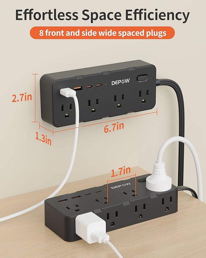 DEPOW Power Strips with Surge Protection, 5FT Extension Cord with Multiple Outlets-8 AC Outlets 4 USB Ports (2 USB C), Flag Plug, 1700 Joule Surge Protector for Home Office, Black