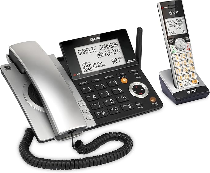 AT&T CL84107 DECT 6.0 Expandable Corded/Cordless Phone with Smart Call Blocker, Black/Silver with 1 Handset