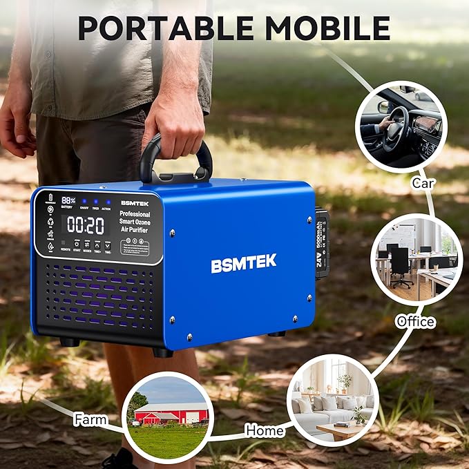 Cordless Ozone Generator with 2X 5000mAh Battery & Quick Charger, 24V Professional Grade Ozone Machine, Deodorizer, With Remote Control, Suitable for Large Room,Blue