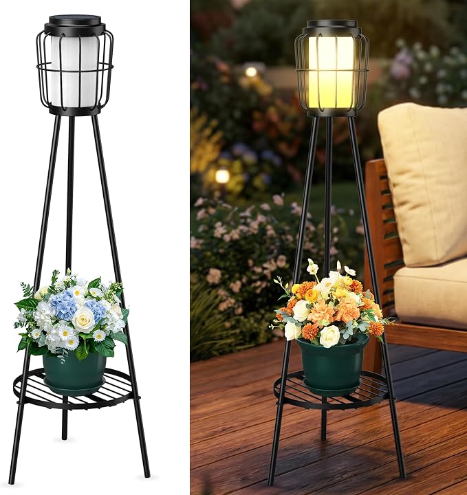 MXwcy 2 Pack Solar Lights Outdoor with Plant Stand, Waterproof Solar Floor Lamp & Tall Metal Planter Holder for Outside, Decorative Tripod Pathway Lantern for Patio, Garden, Porch, Yard Decor