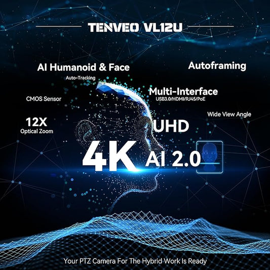 Tenveo 4K PTZ Camera, AI Humanoid & Face Auto-Tracking, 12X Optical Zoom Wide Angle, USB3.0/HDMI/LAN PoE IP Live Streaming for Church Video Conference Broadcast Zoom Teams YouTube OBS
