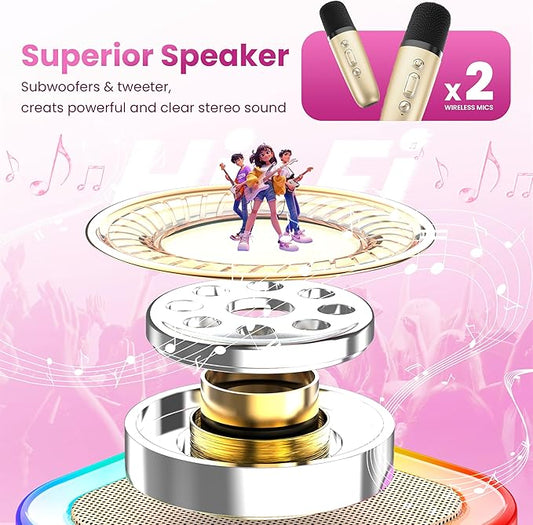 Mini Karaoke Machine for Kids Adults, 2026 TOP Birthday Gifts for Girls Boys 3,4,5,6,7,8+Year Old Toddler Toys, Portable Bluetooth Speaker with 2 Wireless Karaoke Microphones Player (Gold)