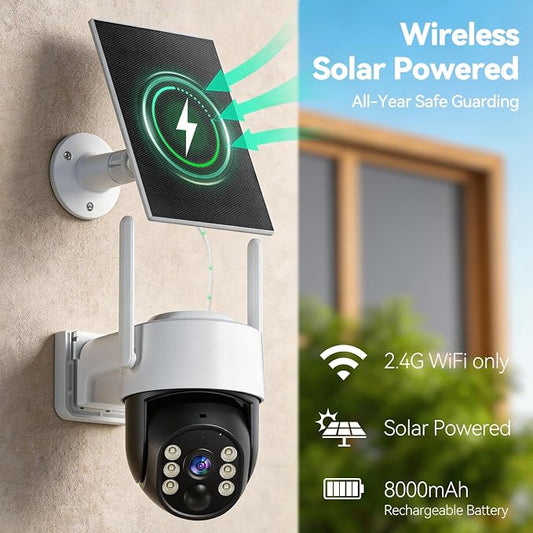 Chpuss Solar Security Camera Wireless Outdoor, 2K HD Surveillance Solar Powered WiFi Camera, Color Night Vision, PIR Detection, 360° View, 2-Way Talk, Spotlight Siren Alarm (Black & White - 2PACK)