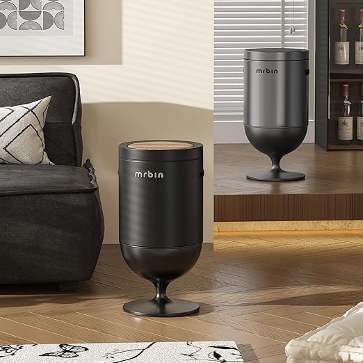 MRBIN Metal Motion Sensor Trash Can with Lid, 5.3 Gallon Wine Glass Shaped Automatic Waste Basket Touchless, Smart Round Tall Garbage with High Leg for Office, Bedroom, Kitchen, Black