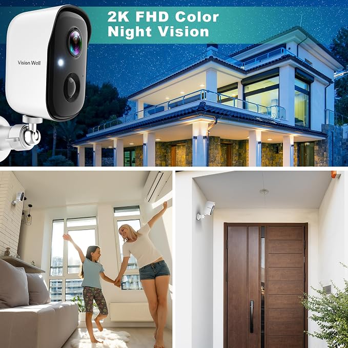 Security Cameras Wireless Outdoor, 2K Indoor Cameras for Home Security Battery Powered, AI Motion Detection, Color Night Vision, 2-Way Talk, Spotlight Siren Alarm, Cloud & SD Storage-Snow White 2 Pack