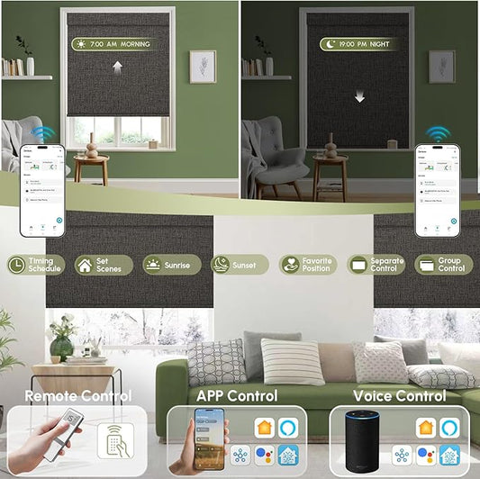 FineTell Motorized Blinds with Remote, 100% Blackout Roller Shades Compatible with Alexa,Apple Homekit,Google Home APP and Voice Control, Customized Electric Blinds (100% Blackout Classic Shadow)
