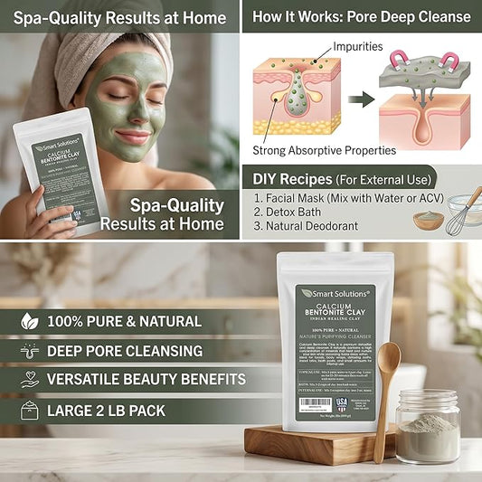 SMART SOLUTIONS Calcium Bentonite Clay, 2 lb Pure Indian Healing Clay - All Natural for External Use | DIY Facial Treatments, Deodorants, Hair Masks
