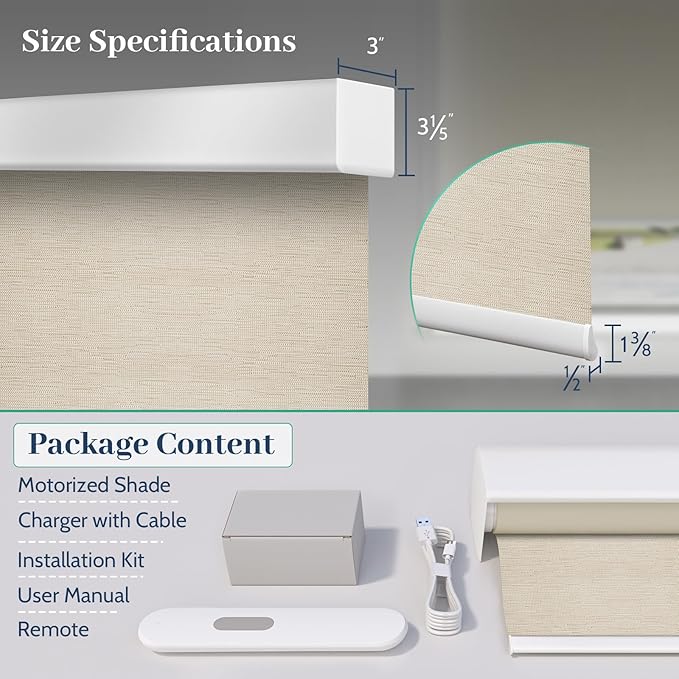Motorized Blinds with Remote, Blackout Rechargeable Automatic Roller Shades, Cordless Smart Blinds Compatible with Alexa via Hub, Custom Blinds for Indoor Windows, Moon River Cream