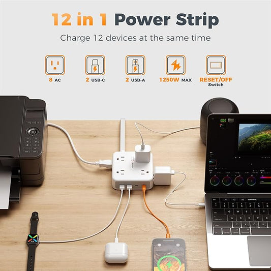 TESSAN Dual Surge Protector Power Strip, 15 Ft Extension Cord Flat Wall Plug with 4 USB (2 USB C) 8 Outlets, 2100J Surge Protection, 20W Multiple Charging Station for Home, Office, Dorm Room, Grey