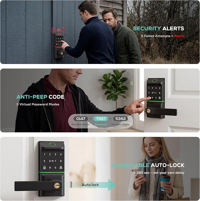 Smart Door Lock Keyless Entry, 6-in-1 Biometric Deadbolt w/Fingerprint, Keypad, IC Card, APP, Key, Type-C Charging, IP65 Waterproof, Bluetooth, Doorbell & Auto-Lock for Front Door Home Security