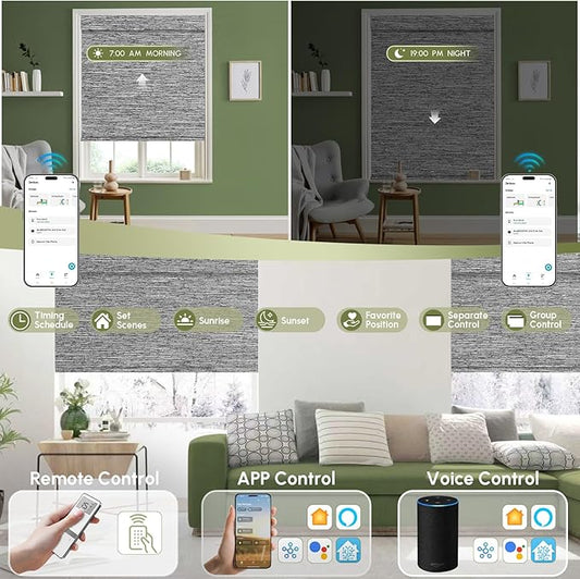 FineTell Motorized Blinds with Remote, 100% Blackout Roller Shades Compatible with Alexa,Apple Homekit,Google Home APP and Voice Control, Customized Electric Blinds (100% Blackout Dreamy Dark Grey)