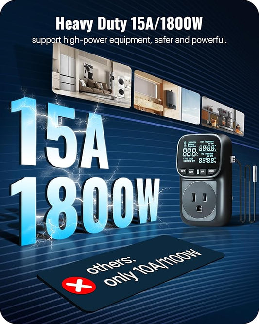 Digital Temperature Controller Outlet, 15A/1800W Heavy Duty Thermostat Plug, VA LCD Display, Heating/Cooling Control, -40°F~210°F, 4 Timer Modes, for Greenhouse Incubator Homebrew B01TC06
