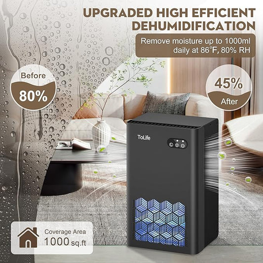 ToLife Dehumidifier for Home, 1000 sq.ft Dehumidifiers for Basement Bathroom Bedroom with 95 OZ Water Tank, Auto Shut Off 7 Colors LED Light, Black