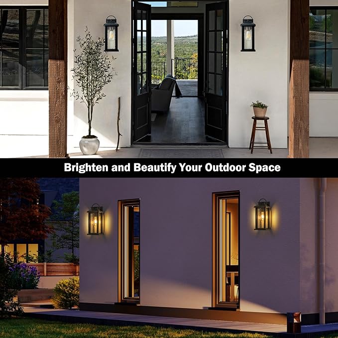 2 Pack Motion Sensor Outdoor Lights, Matte Black Dusk to Dawn Porch Lights Outdoor Light Fixture with Water Glass, 3 Lighting Modes Exterior Lighting Fixtures, Waterproof Outside Light for House