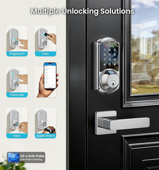 Veise VE07-L Fingerprint App Control Smart Locks with Heavy-Duty Zinc Alloy Handles, Keyless Entry for Front Door, Digital Electronic Touchscreen, Auto Lock, Waterproof, Easy Install, Satin Nickel