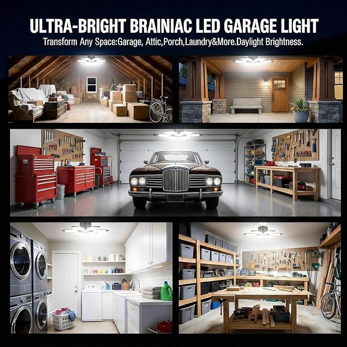 BRAINIAC 100W LED Garage Lights, 10000LM Ultra Bright Shop Light with 6+1 Adjustable Panels, 6500K Daylight E26/E27 Screw-in Deformable Ceiling Light Bulb for Workshop, Barn, Basement, Warehouse