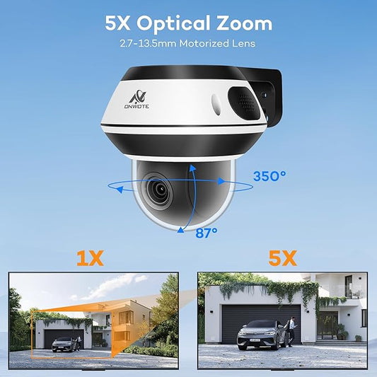 ONWOTE PTZ PoE IP Security Camera, 350° Pan 87° Tilt 5X Optical Zoom 4K 8MP, 2 Way Audio, 2.7-13.5mm Motorized Lens, AI Human Vehicle Detection, 60ft-100ft IR, Outdoor Dome with Audio