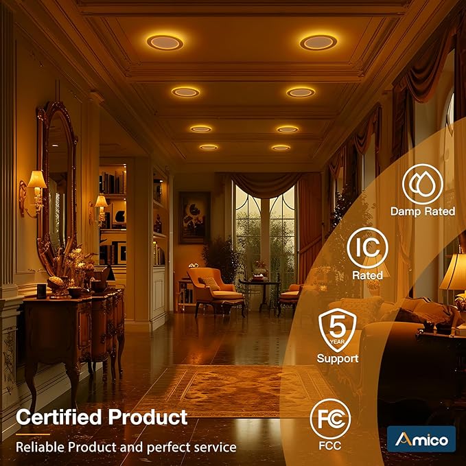 Amico 12 Pack 6 Inch 5CCT LED Recessed Ceiling Light with Double Ring Night Light, 2700-5000K Selectable Ultra-Thin Recessed Lighting, 12W=110W, 1100LM, Dimmable Canless Wafer Downlight, ETL, FCC