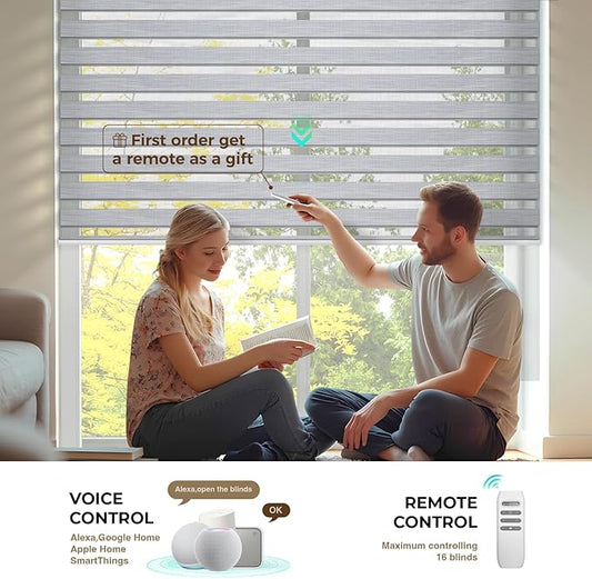 HeyBlinds Motorized Zebra Blinds with Remote, Smart Cordless Electric Zebra Shades for Indoor Windows Compatible with Alexa Google & Homekit, Custom Size (Flourish-Gray BO)